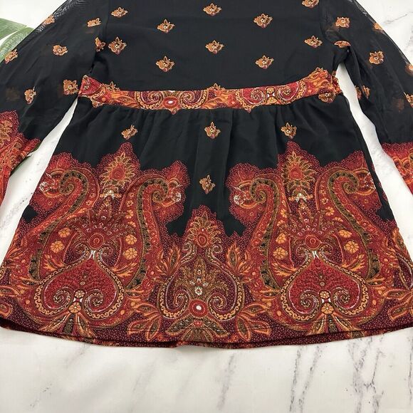 INC Womens Vintage Y2k Babydoll Top Size L Black Orange Paisley Mesh Sheer Trim - Picture 11 of 11
